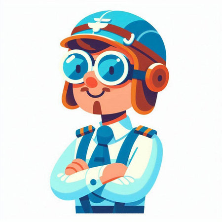 Cute cartoon pilot in helmet and glasses. Vector illustration on white background.のイラスト素材