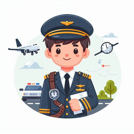 Cute boy pilot in uniform. Vector illustration in cartoon style.のイラスト素材