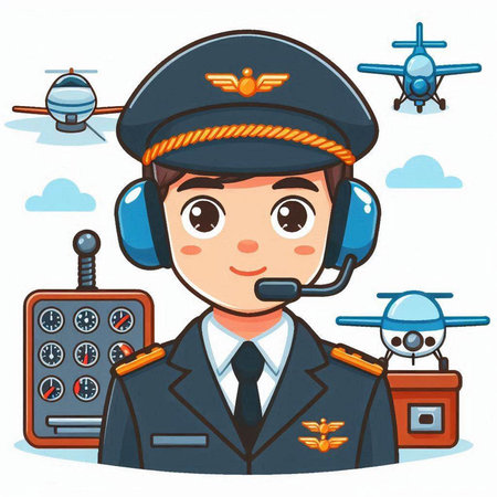 Cute boy pilot in uniform with helmet and headphones. Vector illustration.のイラスト素材