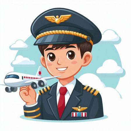 Pilot in uniform with airplane on the background. Vector illustration.のイラスト素材