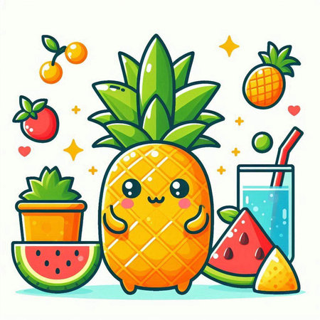 Cute cartoon pineapple character with fruit and juice. Vector illustration.のイラスト素材