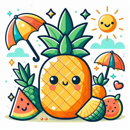 Cute cartoon pineapple character with umbrella and watermelon. Vector illustrationのイラスト素材