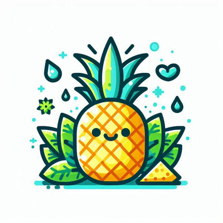 Pineapple with leaves and water drops. Vector cartoon illustration.のイラスト素材