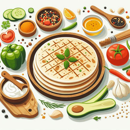 Pancakes with vegetables and spices on white background. Vector illustration.のイラスト素材