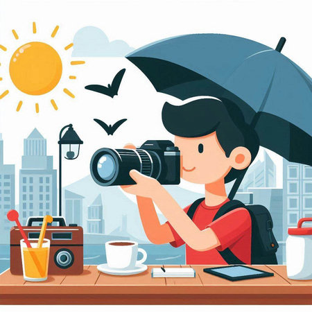 Photographer with a camera and a cup of coffee. Vector illustrationのイラスト素材