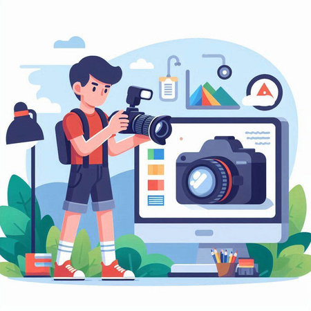 Photographer with camera and equipment. Vector illustration in flat style.のイラスト素材