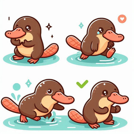 Cute cartoon platypus in different actions. Vector illustration.のイラスト素材