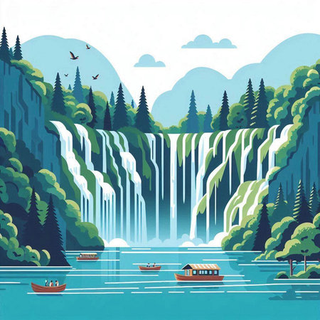 Waterfall in the forest. Waterfall on the river. Vector illustrationのイラスト素材