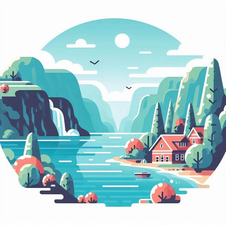 Landscape with river, mountains and houses. Vector illustration in flat styleのイラスト素材