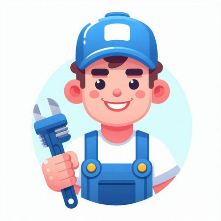 Plumber in uniform holding wrench. Vector illustration in cartoon style.のイラスト素材