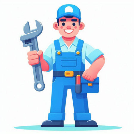 Plumber in blue overalls holding a wrench. Vector illustration.のイラスト素材