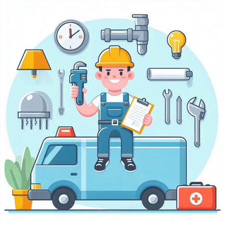 Plumber with tools. Vector illustration in flat cartoon style on white background.のイラスト素材