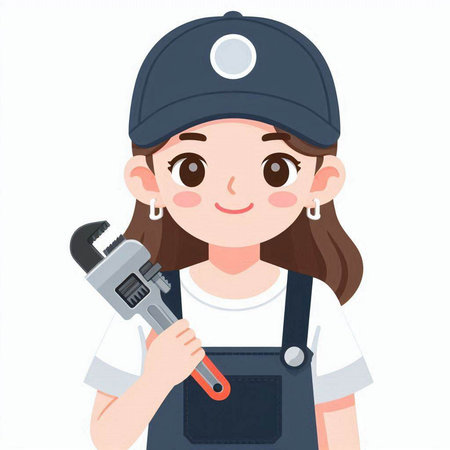 Female plumber wearing uniform and cap holding adjustable wrench vector illustration.のイラスト素材