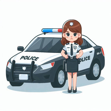 Cute police woman in uniform with police car. Vector illustration.のイラスト素材