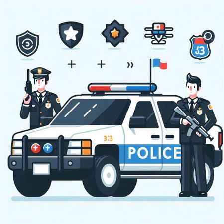Police car. Policeman and police car. Police officer. Vector illustration.のイラスト素材