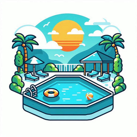 Swimming pool in the tropics. Vector illustration in a flat styleのイラスト素材