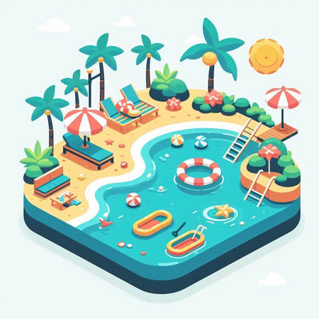 Isometric summer beach vacation concept with swimming pool and palm trees vector illustrationのイラスト素材