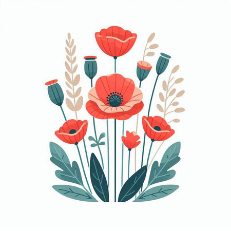 Floral bouquet with poppies. Hand drawn vector illustration.のイラスト素材