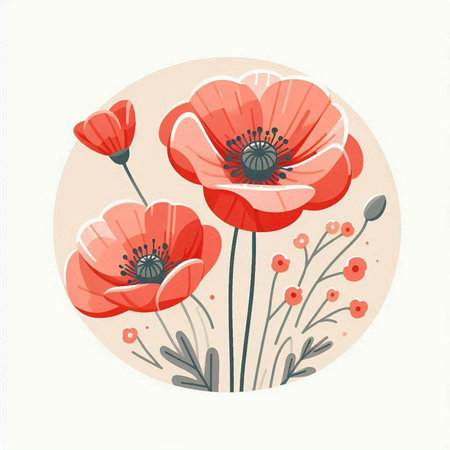 Red poppies on a round background. Vector illustration in flat style.のイラスト素材
