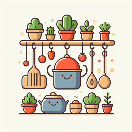 Cute vector illustration of kitchen utensils and pots with cactuses.のイラスト素材