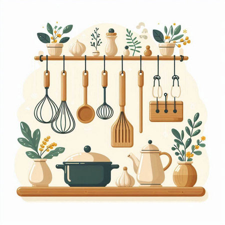 Kitchen utensils on a shelf. Vector illustration in flat styleのイラスト素材