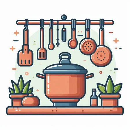 Cooking pot and kitchen utensils. Colorful flat vector illustration.のイラスト素材