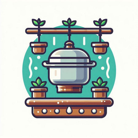 Illustration of a steaming pot on a wooden shelf with plantsのイラスト素材