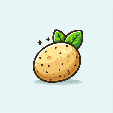 Cartoon potato with green leaves on blue background. Vector illustration.のイラスト素材
