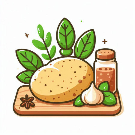 Illustration of a potato with spices and herbs on a white backgroundのイラスト素材