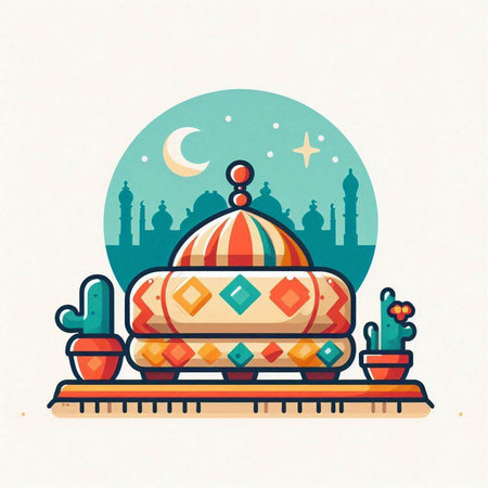 Ramadan Kareem greeting card with mosque and cactus. Vector illustration.のイラスト素材