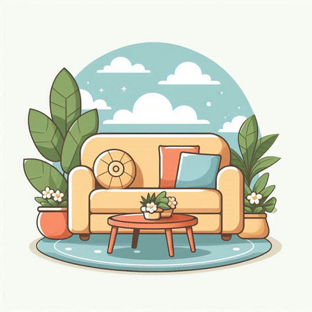 Living room with sofa, coffee table and plant. Vector illustration.のイラスト素材