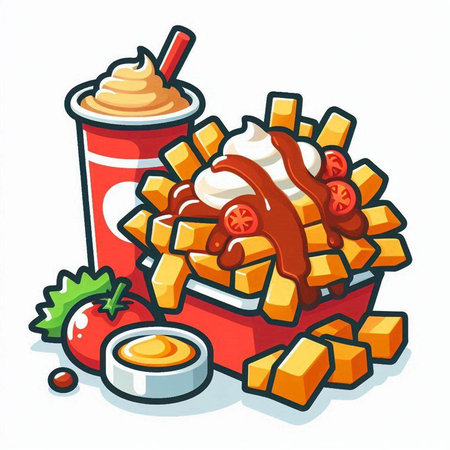 Illustration of fast food with french fries, ketchup and mayonnaiseのイラスト素材