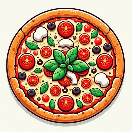 Pizza with mozzarella, tomatoes and basil. Vector illustration.のイラスト素材