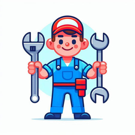 Cartoon handyman with wrench. Vector illustration in flat style.のイラスト素材