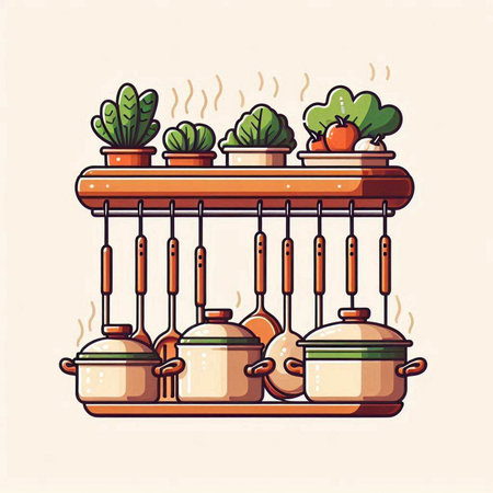 Illustration of a wooden shelf with pots and pans, vector illustrationのイラスト素材