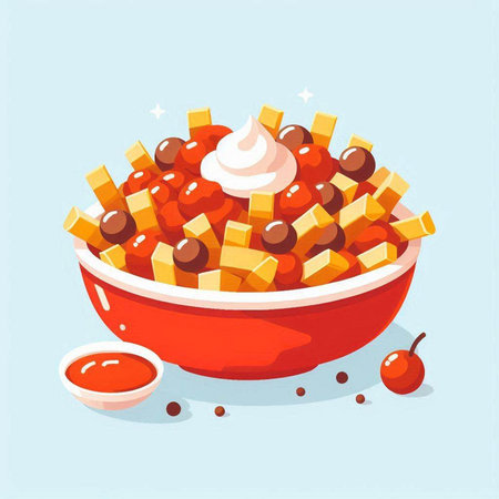 Bowl of sweet potato with sour cream and cherry. Vector illustration.のイラスト素材