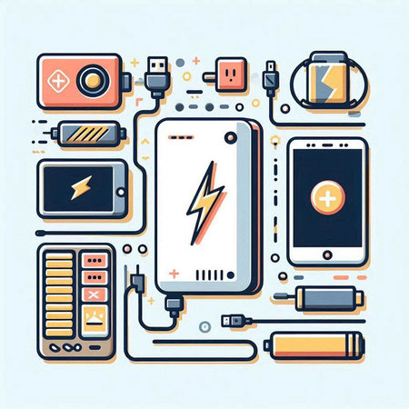 Smartphone with battery charge. Vector illustration in flat linear style.のイラスト素材