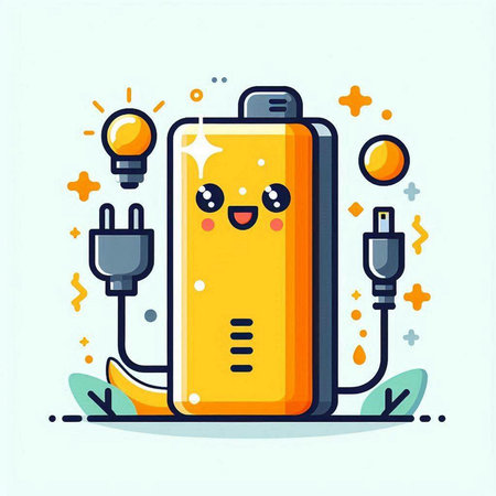 Vector illustration of battery character with electric plug and light bulb on white background.のイラスト素材