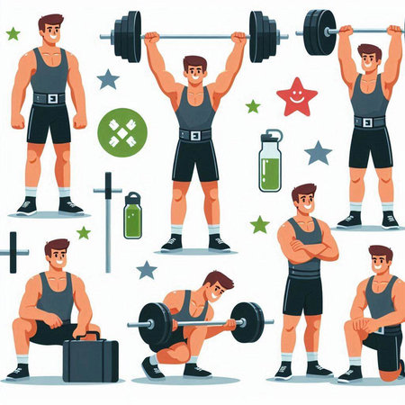 Cartoon vector set of athlete bodybuilding and bodybuilding exercises with barbell, dumbbells, weightlifter.のイラスト素材