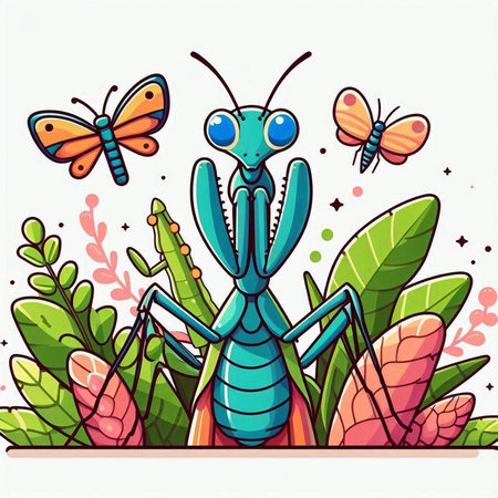 Vector illustration of a grasshopper on the background of flowers and butterfliesのイラスト素材
