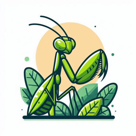 Praying mantis with green leaves. Hand drawn vector illustration.のイラスト素材