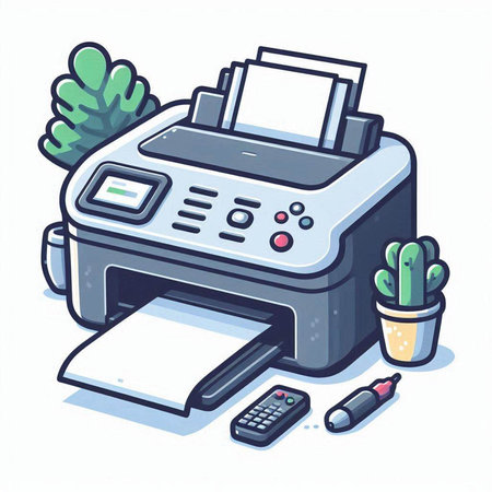 Printer and office equipment. Vector illustration in doodle styleのイラスト素材