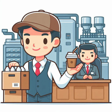 Illustration of a factory worker wearing a cap and holding a cup of coffeeのイラスト素材