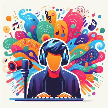 DJ with headphones and mixer on colorful abstract background. Vector illustration.のイラスト素材