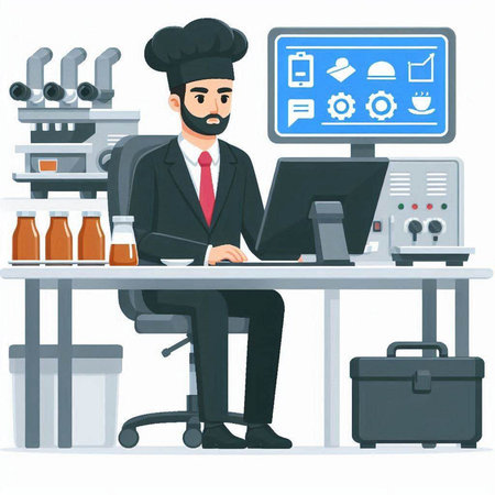 Illustration of a male chef in uniform working at his desk.のイラスト素材