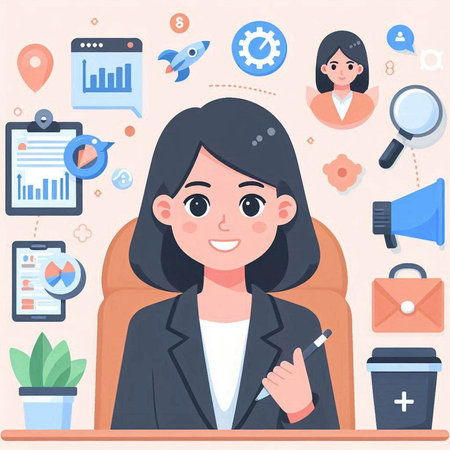 Business woman in office. Vector illustration in flat cartoon style. Business woman.のイラスト素材