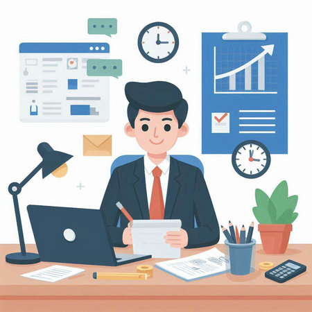 Businessman working at office desk. Vector illustration in flat style.のイラスト素材