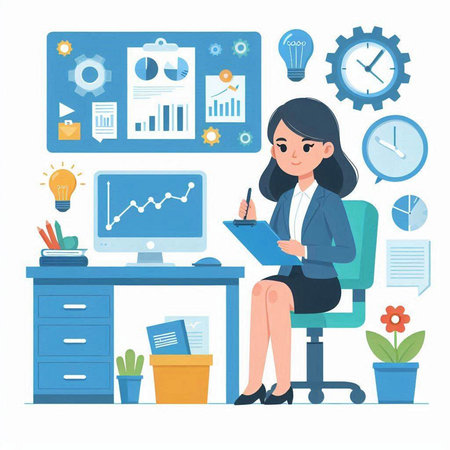 Business woman working in office. Vector illustration in flat style. Business concept.のイラスト素材