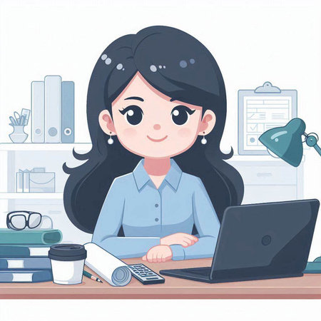 Young businesswoman working at her desk in office. Vector illustration.のイラスト素材