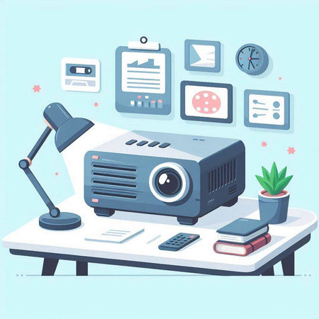 Projector on table in office. Vector illustration in flat style.のイラスト素材